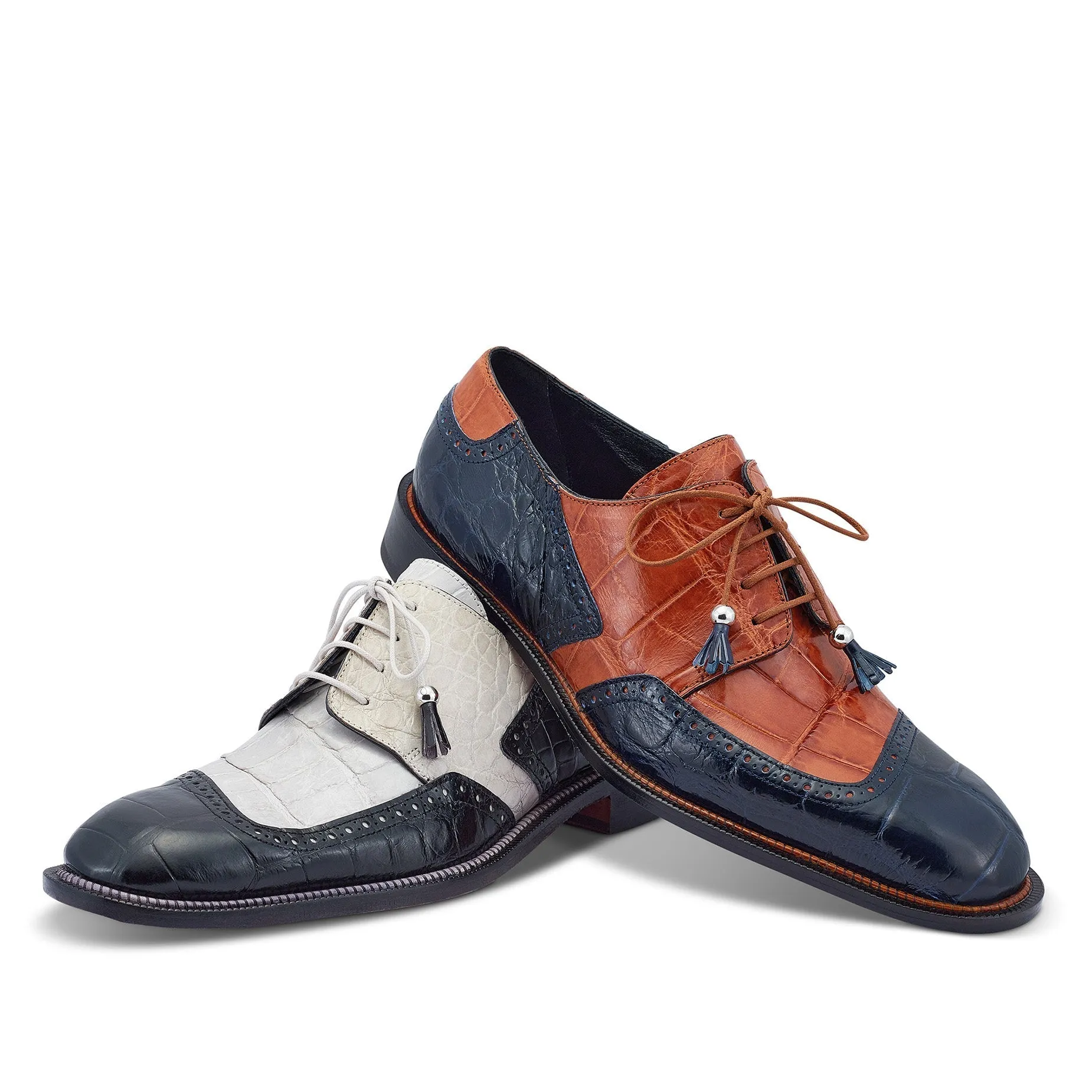 Mauri 3098 Lucchese Men's Shoes Wonder Blue & Cognac Exotic Alligator Derby Oxfords (MA5431)