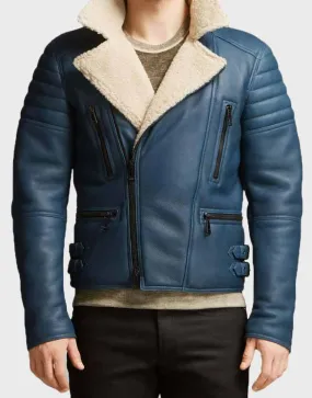 Men's Blue Shearling Leather Jacket | Ujackets.com - Get 50% OFF!