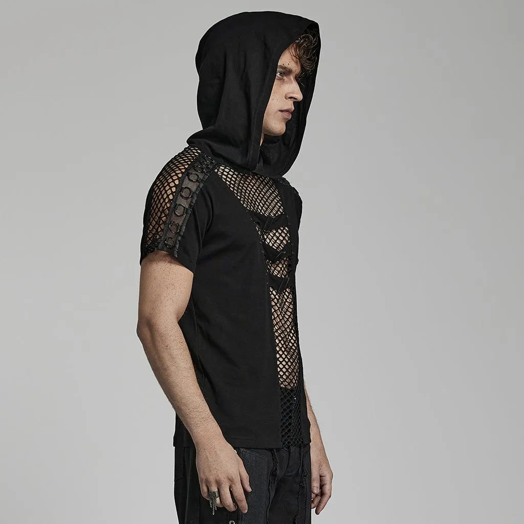 Men's Punk Mesh Splice T-shirt with Hood