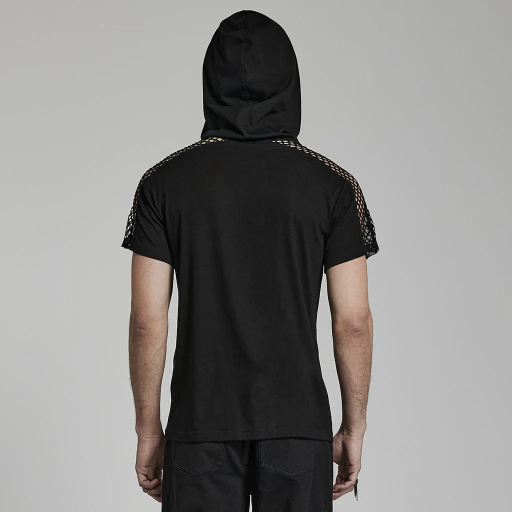 Men's Punk Mesh Splice T-shirt with Hood