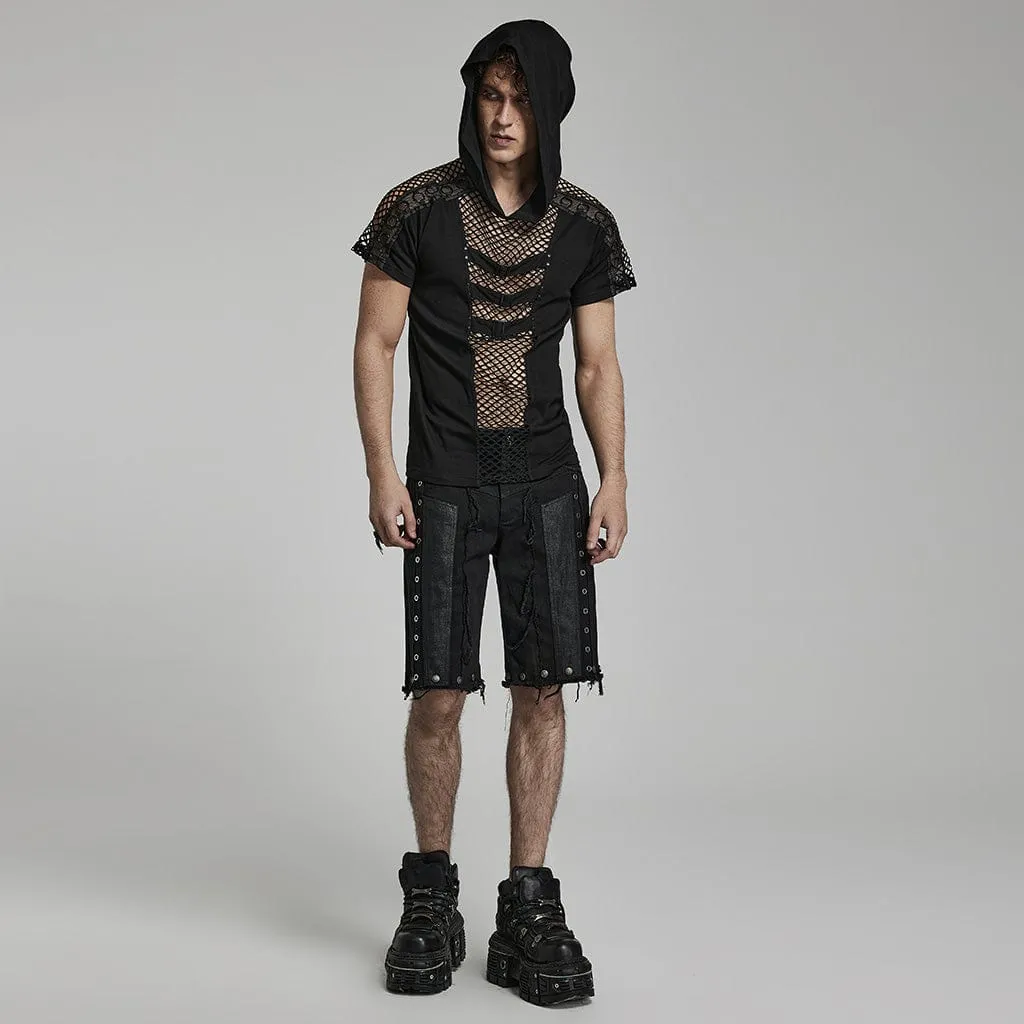 Men's Punk Mesh Splice T-shirt with Hood