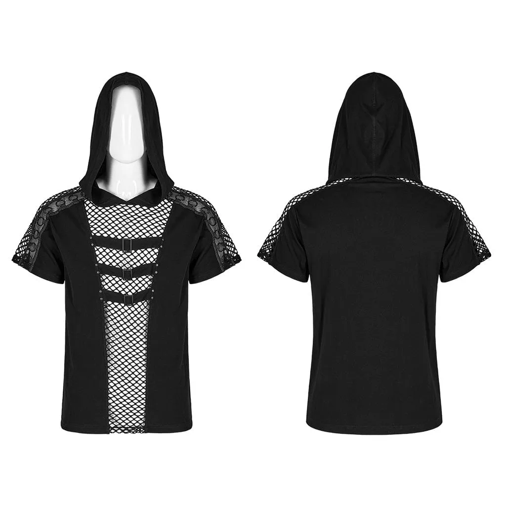 Men's Punk Mesh Splice T-shirt with Hood