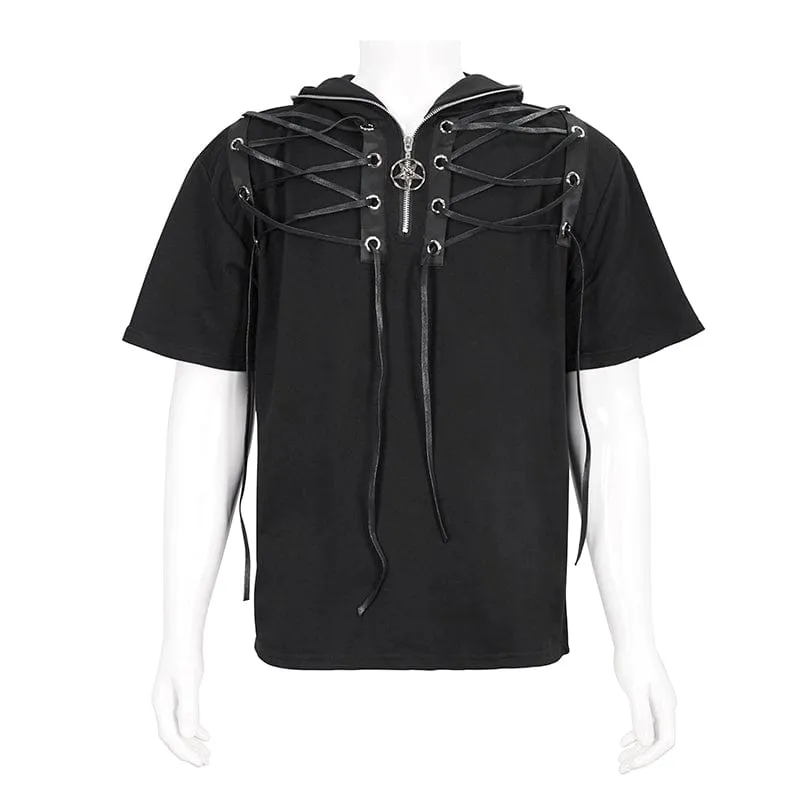 Men's Punk Strappy Star Zipper Shirt with Hood