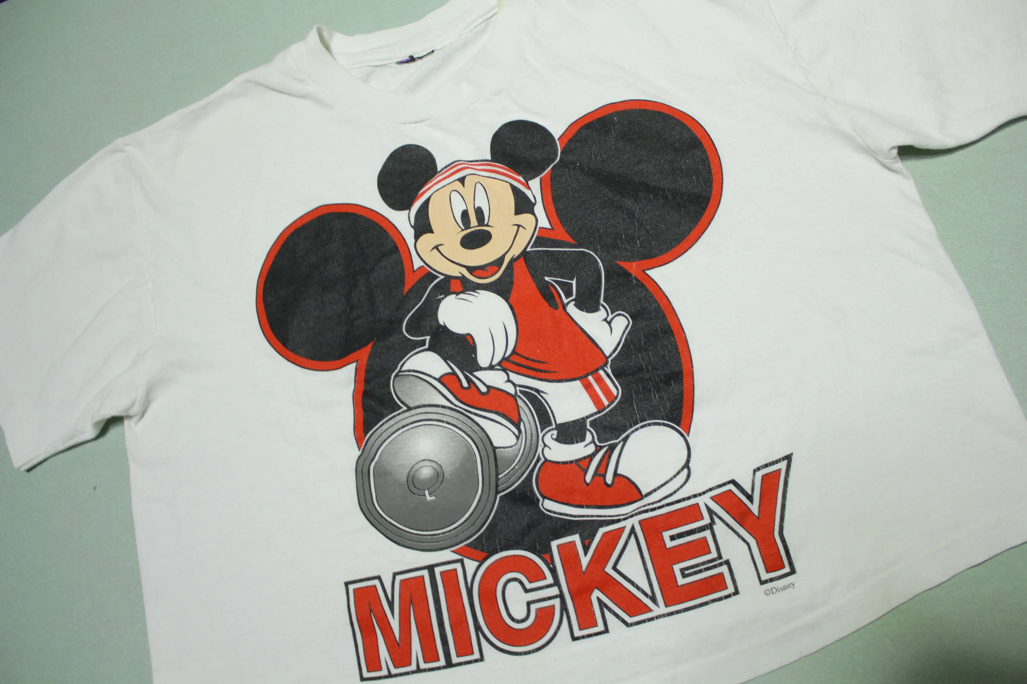 Mickey Mouse Vintage Disney Single Stitch Gym Work Out Dumbbell Crop Top T-Shirt