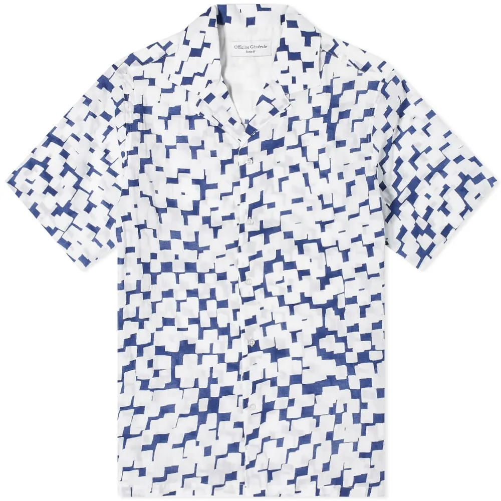 Officine Générale Short Sleeve Eren Geometric Print ShirtBlue & White