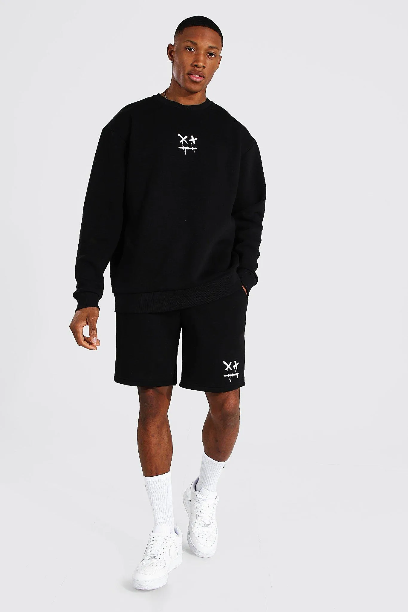 Oversized Drip Face Short Sweater Tracksuit