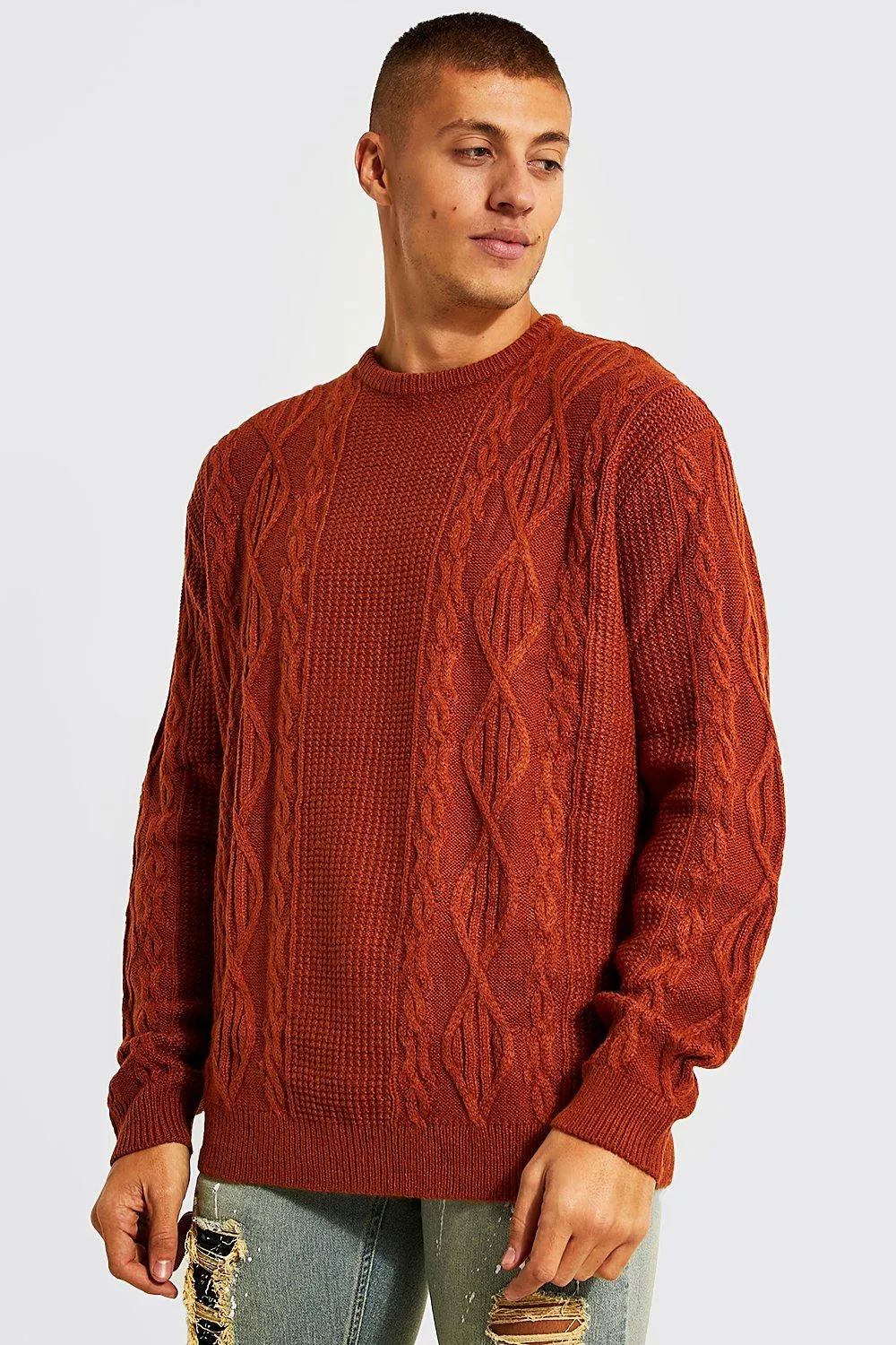 Oversized Drop Shoulder Cable Knit Jumper | boohooMAN UK