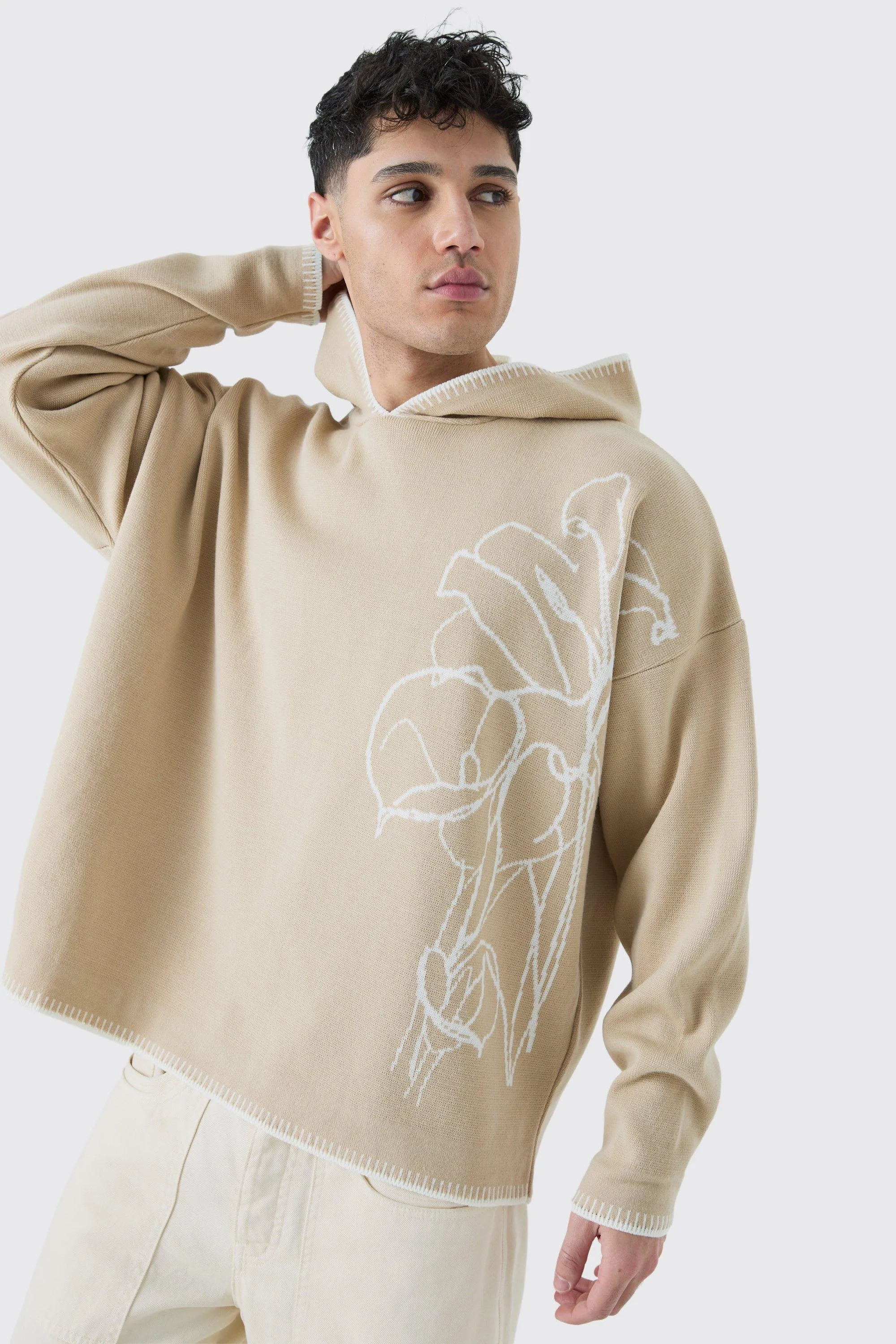 Oversized Drop Shoulder Line Drawing Hoodie | boohooMAN UK