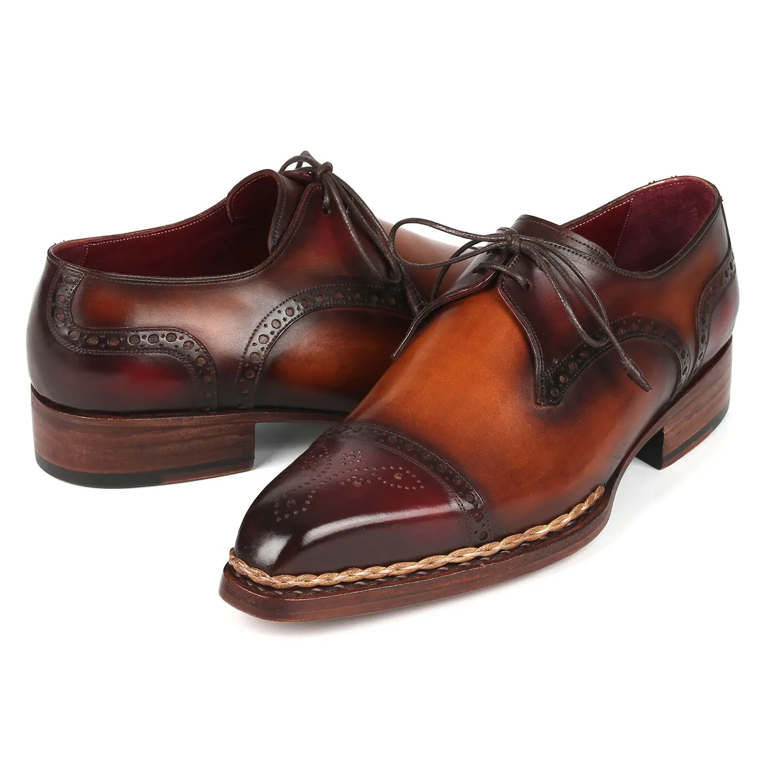 Paul Parkman 8508-BRW Men's Shoes Bordeaux & Brown Calf-Skin Leather Norwegian Welted Derby Oxfords (PM6359)