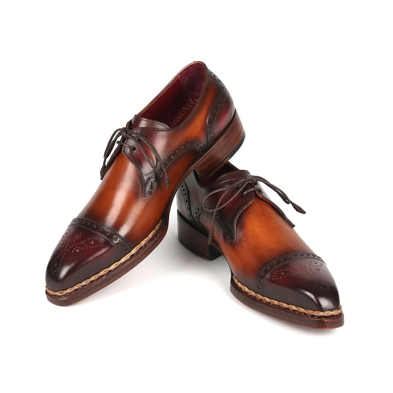 Paul Parkman 8508-BRW Men's Shoes Bordeaux & Brown Calf-Skin Leather Norwegian Welted Derby Oxfords (PM6359)