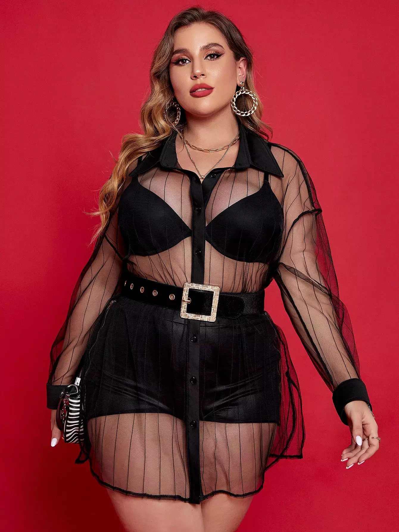 Plus Drop Shoulder Mesh Shirt Without Belted Bra