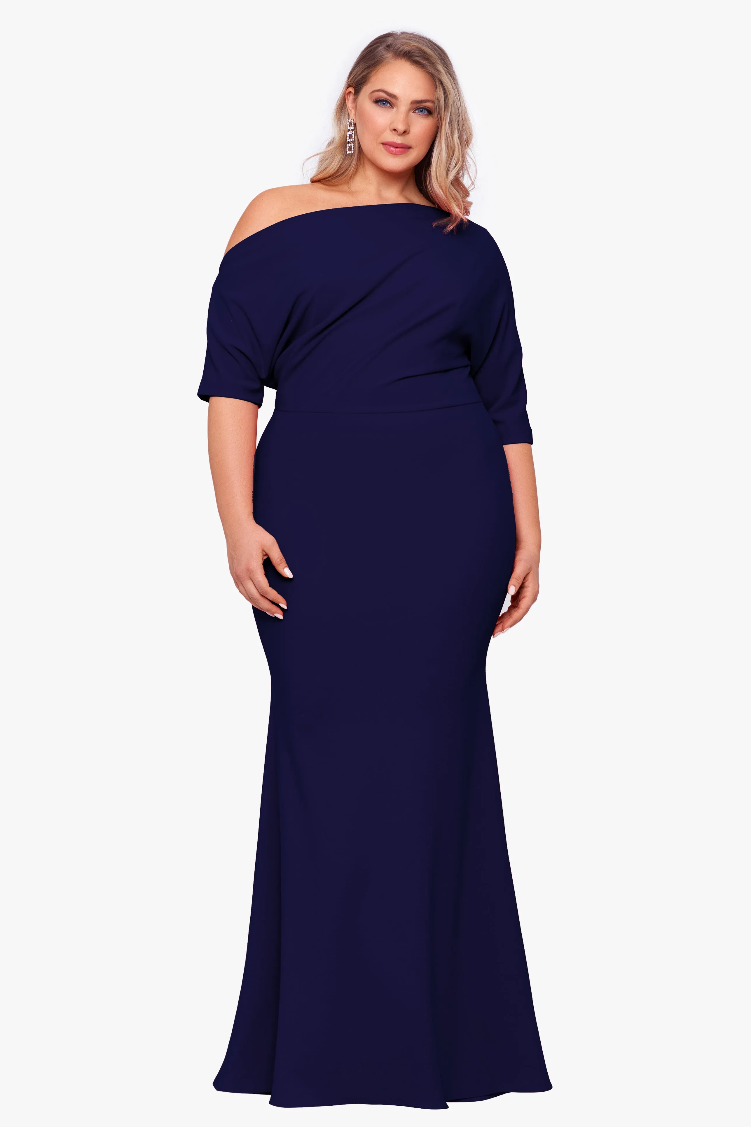 Plus Madeline Long Scuba Crepe Off the Shoulder Drop Dress