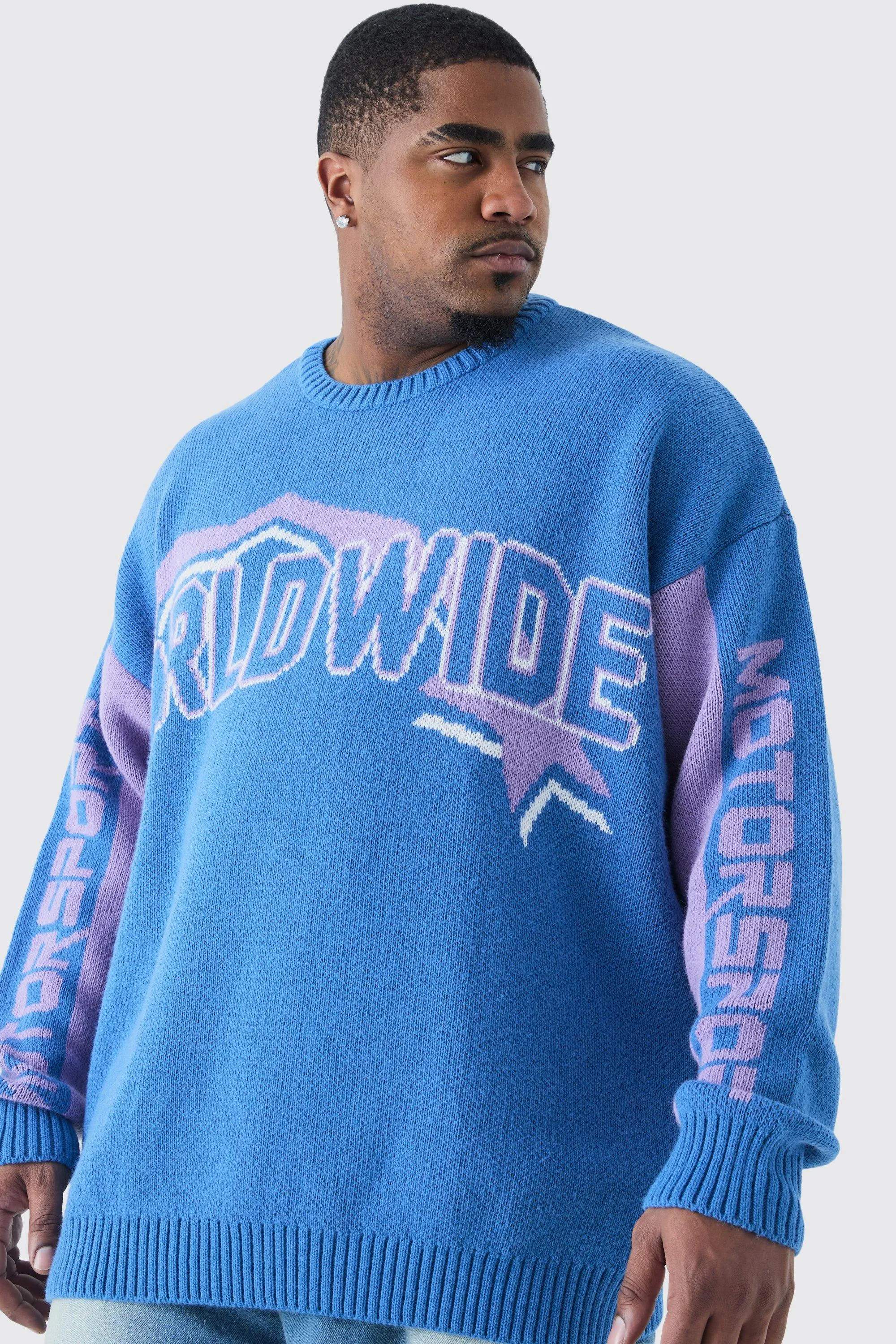 Plus Oversized Knitted Wrldwide Drop Shoulder Jumper In Navy | boohooMAN UK