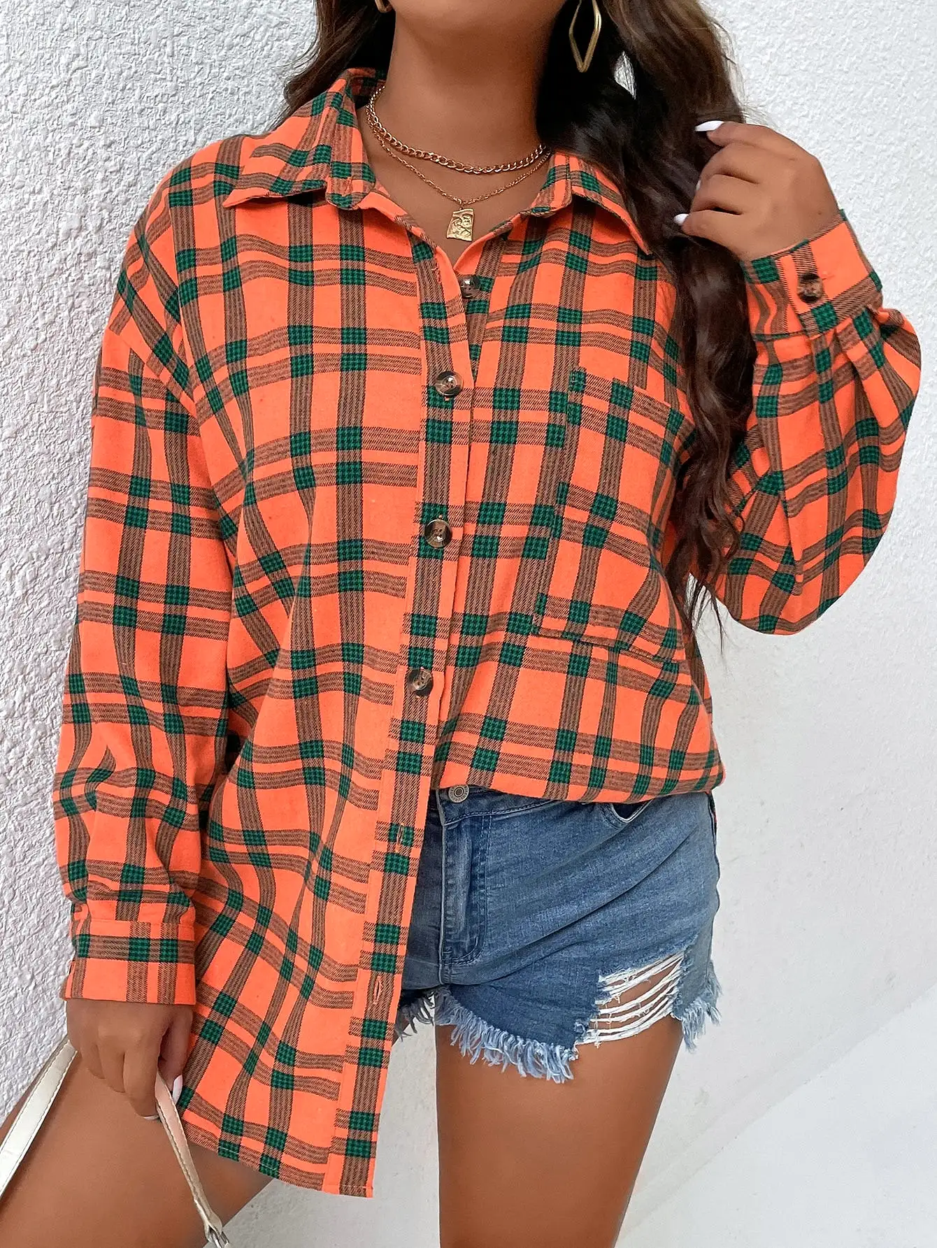 Plus Plaid Print Drop Shoulder Shirt