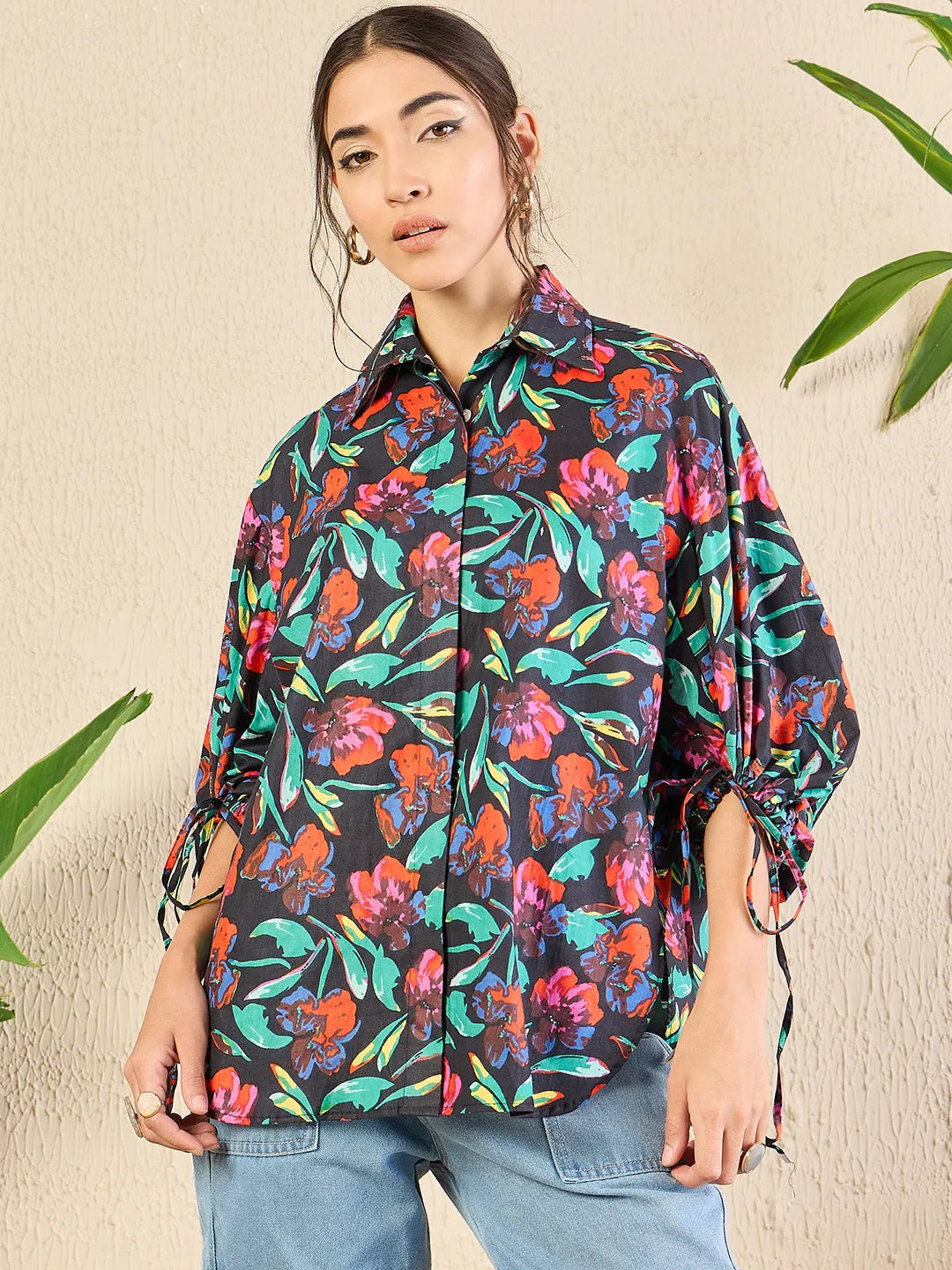 Printed Cotton Shirt with Tie Up Sleeves