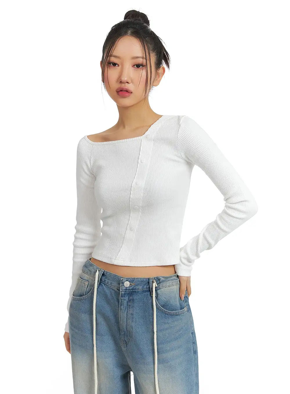 Ribbed Button Long Sleeve Top CJ429