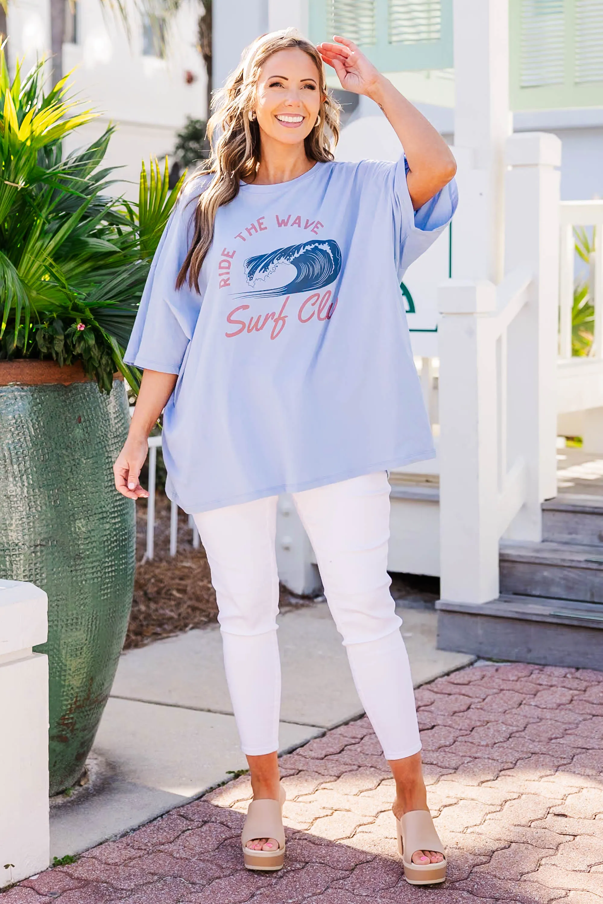 Ride The Wave Boyfriend Tee, Cream Blue