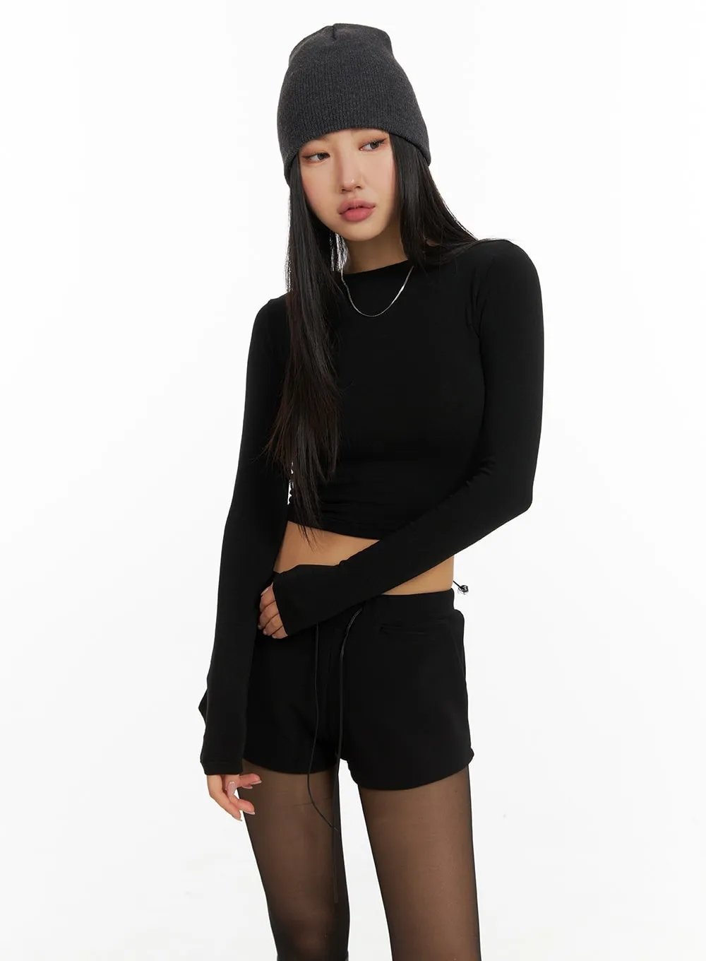 Solid Back Drawstring Cropped Long Sleeve CM408