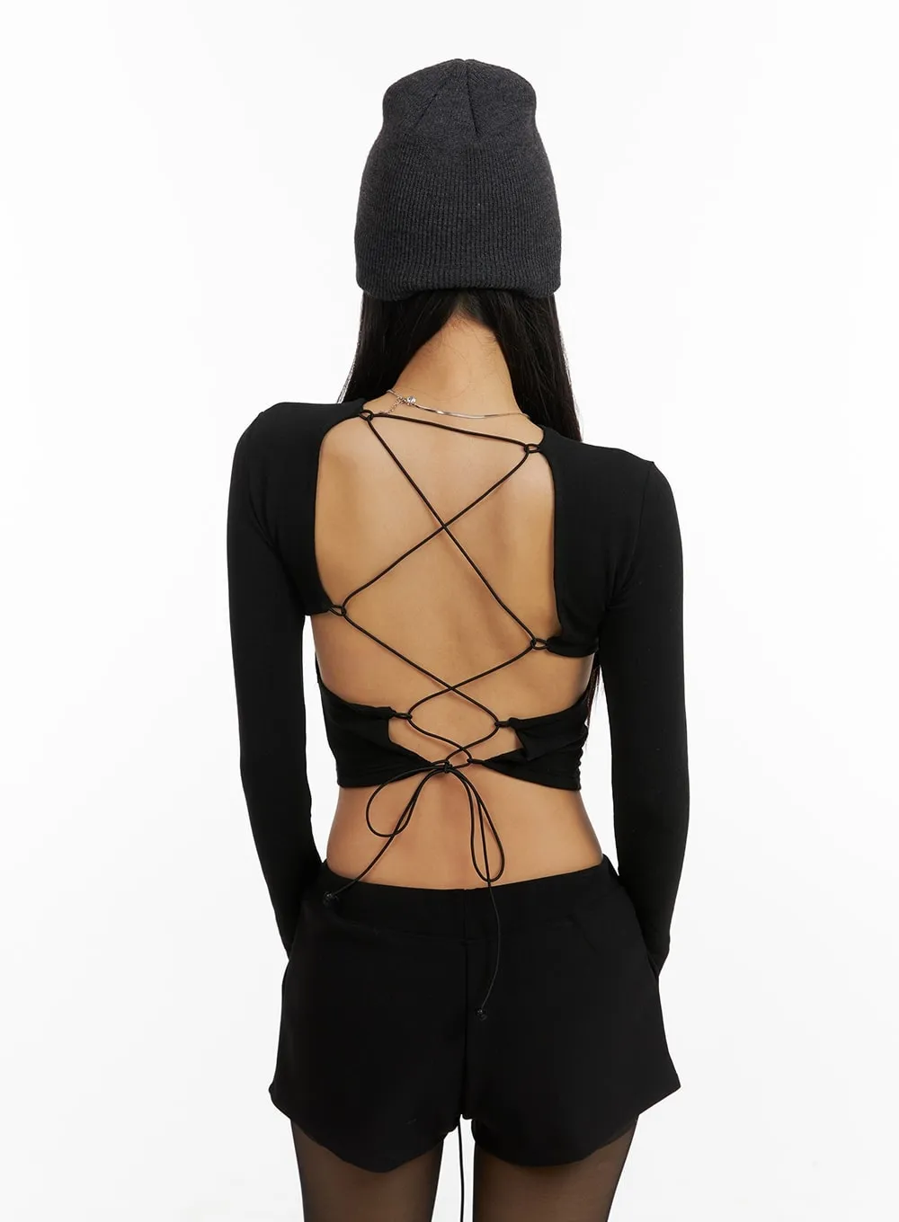 Solid Back Drawstring Cropped Long Sleeve CM408