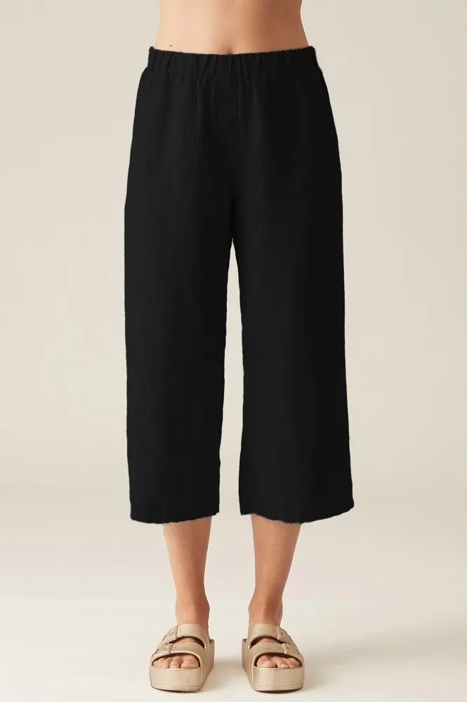 Solid Linen Easy Cropped Trousers - Black - 4402349