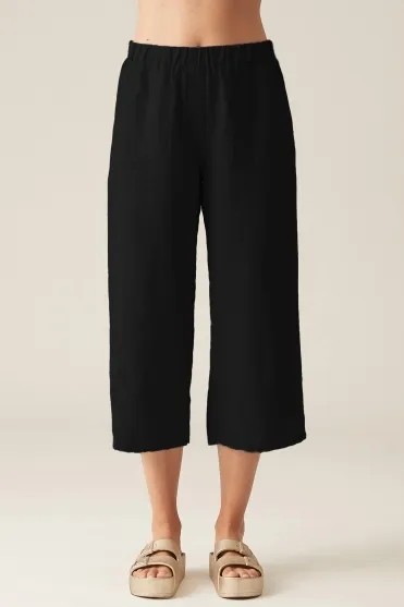 Solid Linen Easy Cropped Trousers - Black - 4402349