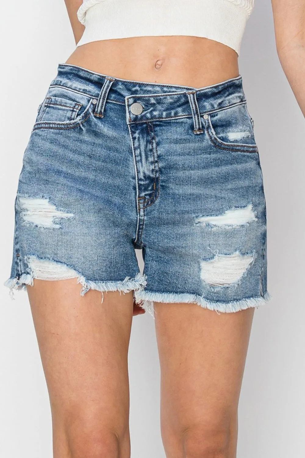 Sunday Stepped Waist Frayed Denim Shorts