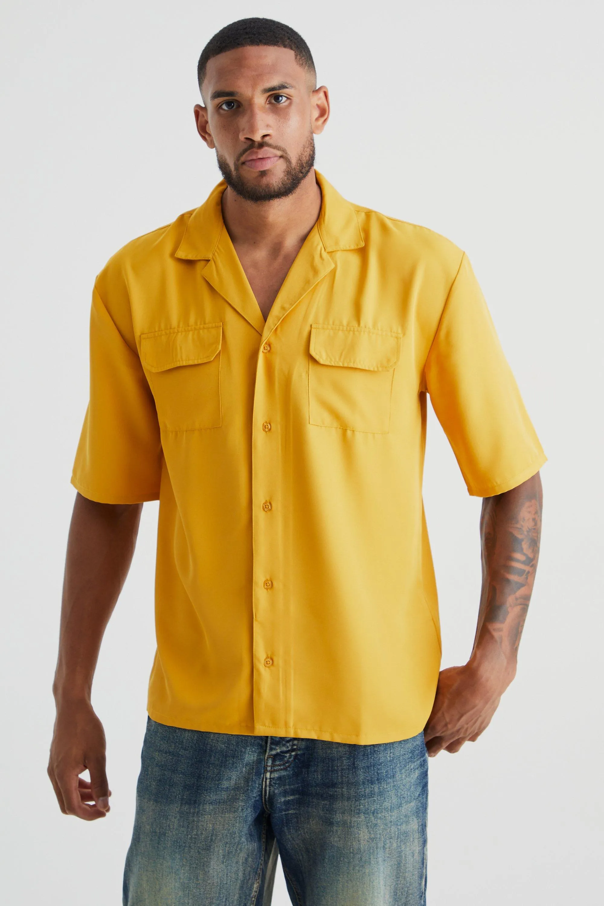 Tall Short Sleeve Utility Drop Shoulder Twill Shirt | boohooMAN UK