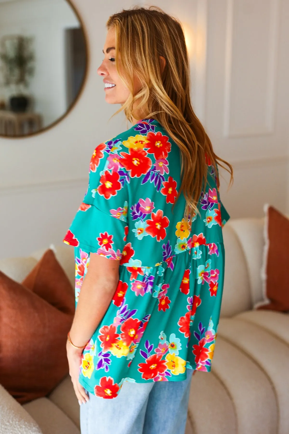 Teal Floral Drop Shoulder Babydoll Top