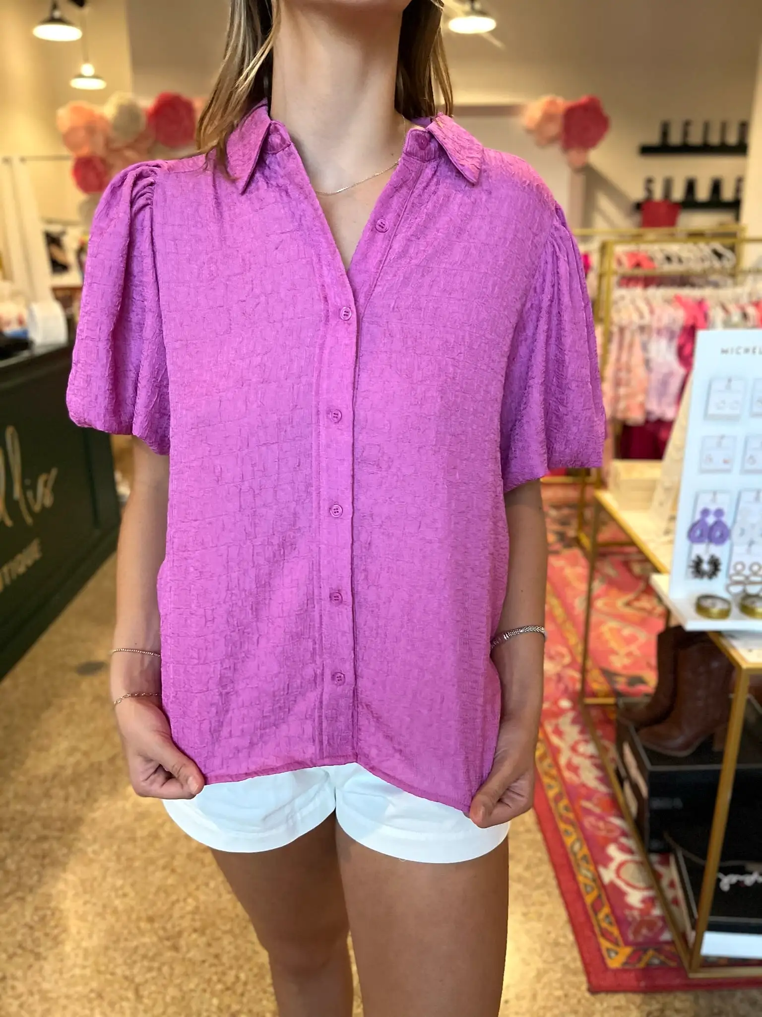 Textured Button Up Puff Sleeve Top - Orchid