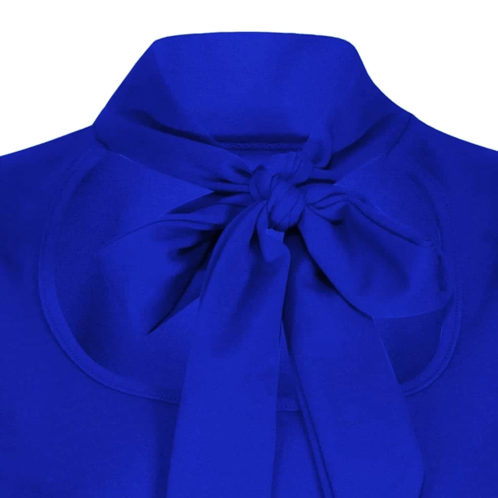 Vintage Royal Blue Puff Sleeve Tie Neck Top