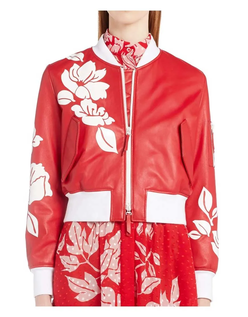 Women's Designer Red Leather Bomber Jacket - UJackets