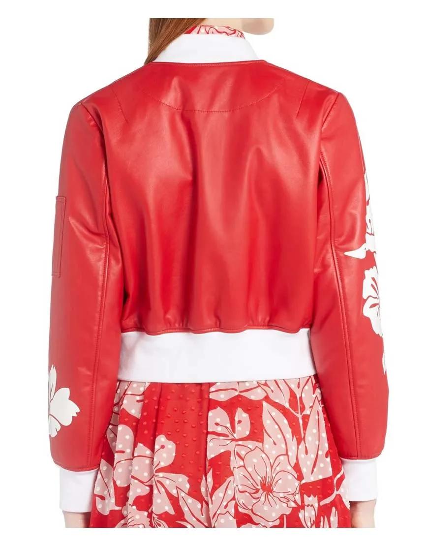 Women's Designer Red Leather Bomber Jacket - UJackets