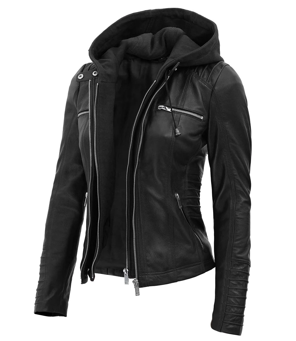 Women's Petite Black Leather Moto Jacket with Removable Hood