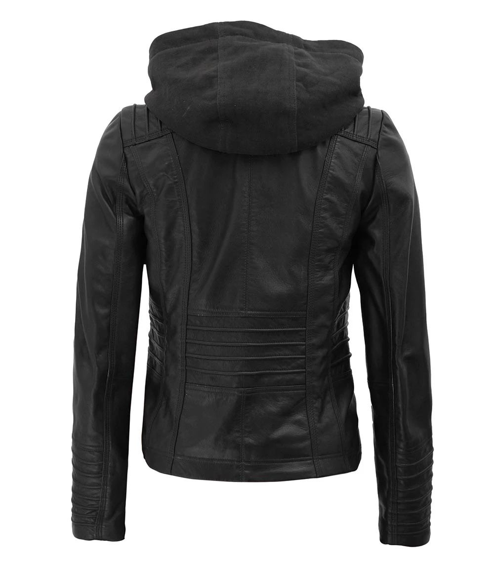 Women's Petite Black Leather Moto Jacket with Removable Hood