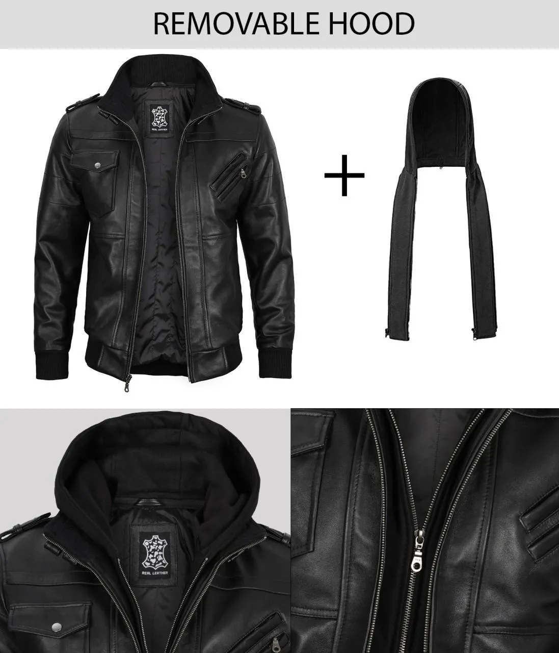 Women's Petite Black Leather Moto Jacket with Removable Hood