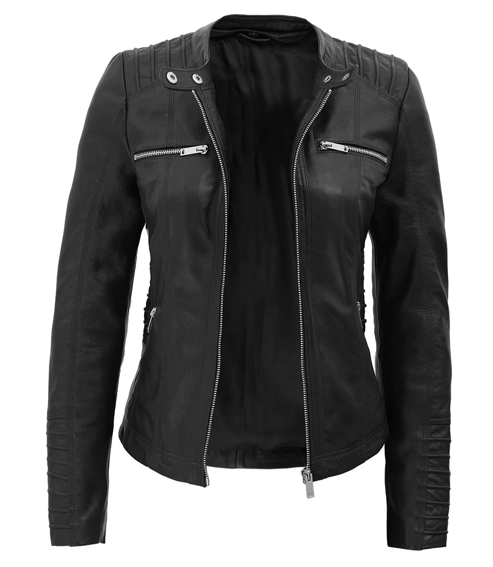 Women's Petite Black Leather Moto Jacket with Removable Hood