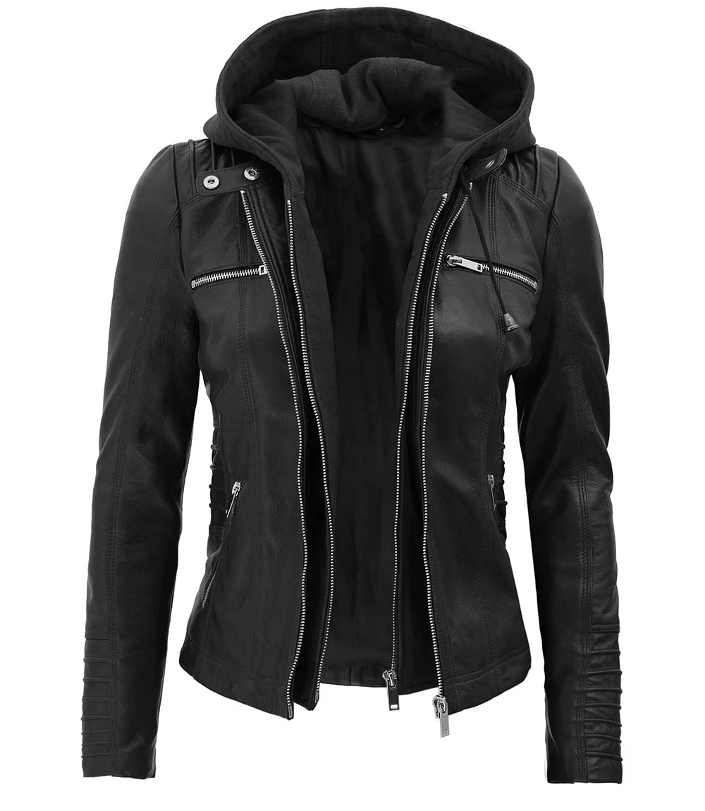 Women's Petite Black Leather Moto Jacket with Removable Hood