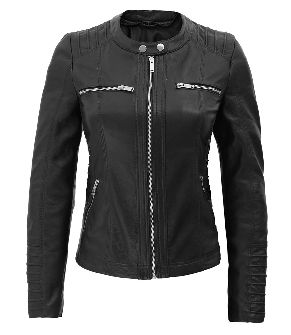 Women's Petite Black Leather Moto Jacket with Removable Hood