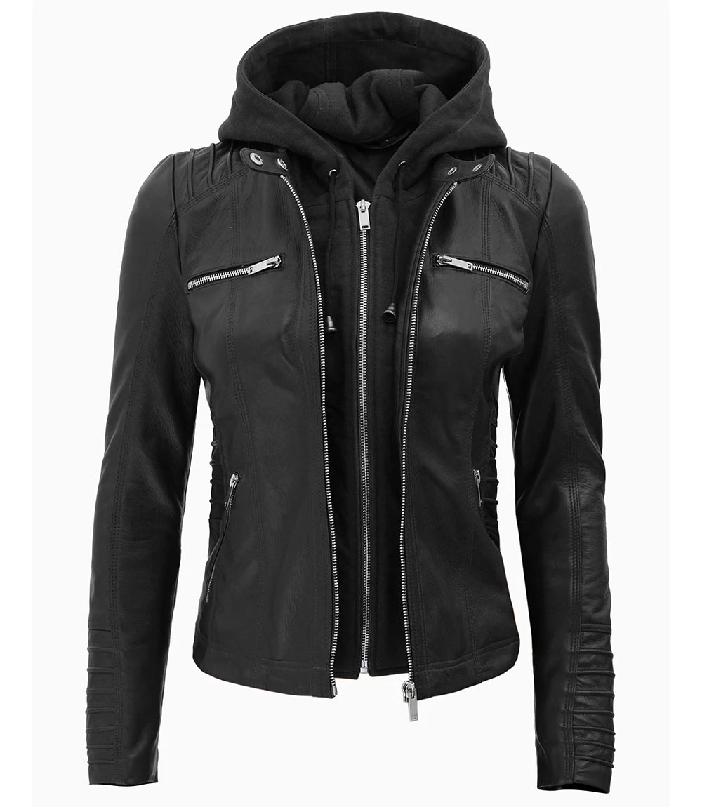 Women's Petite Black Leather Moto Jacket with Removable Hood