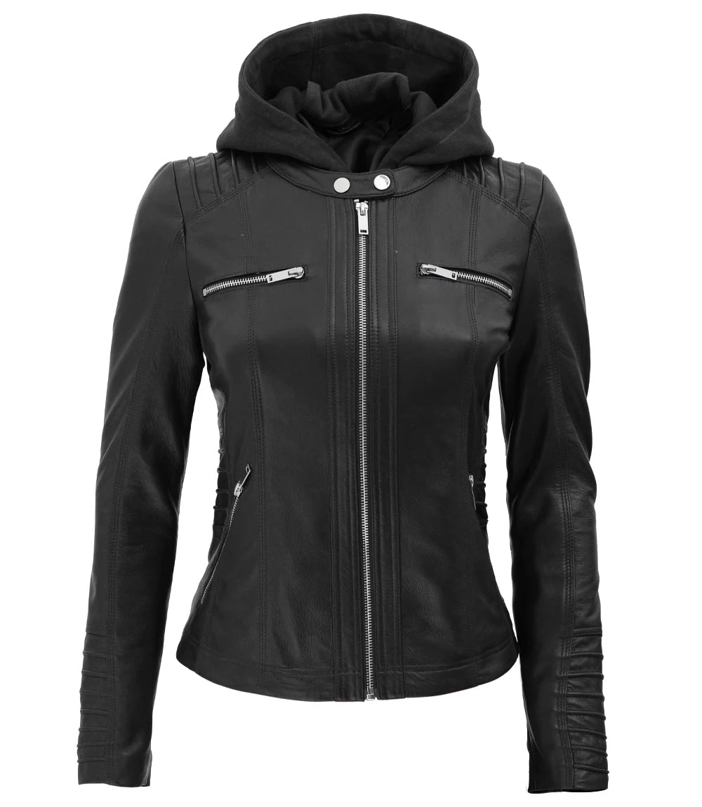 Women's Petite Black Leather Moto Jacket with Removable Hood