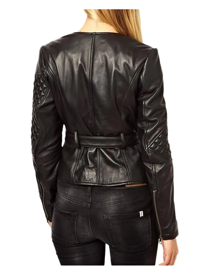 Women's Quilted Leather Sleeves Double Zipper Jacket - UJackets