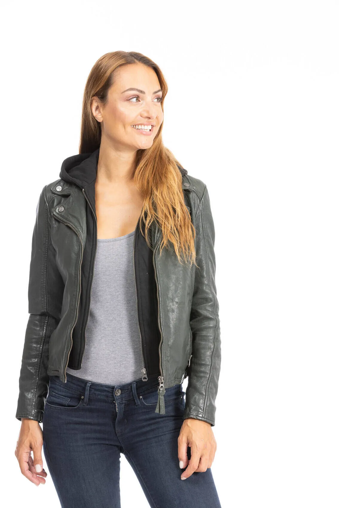 Women's dark olive leather biker style jacket with hood 1101-0483