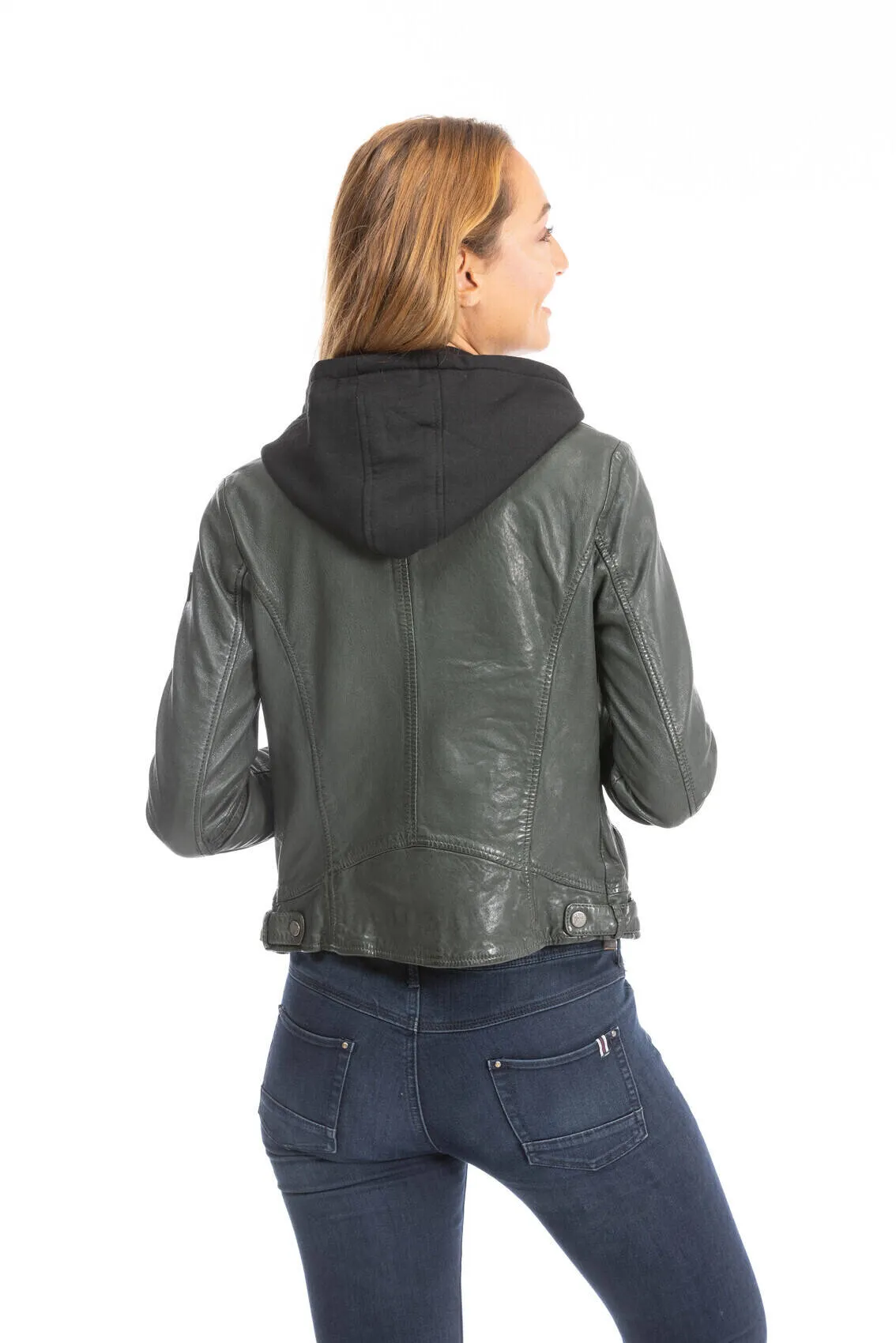 Women's dark olive leather biker style jacket with hood 1101-0483